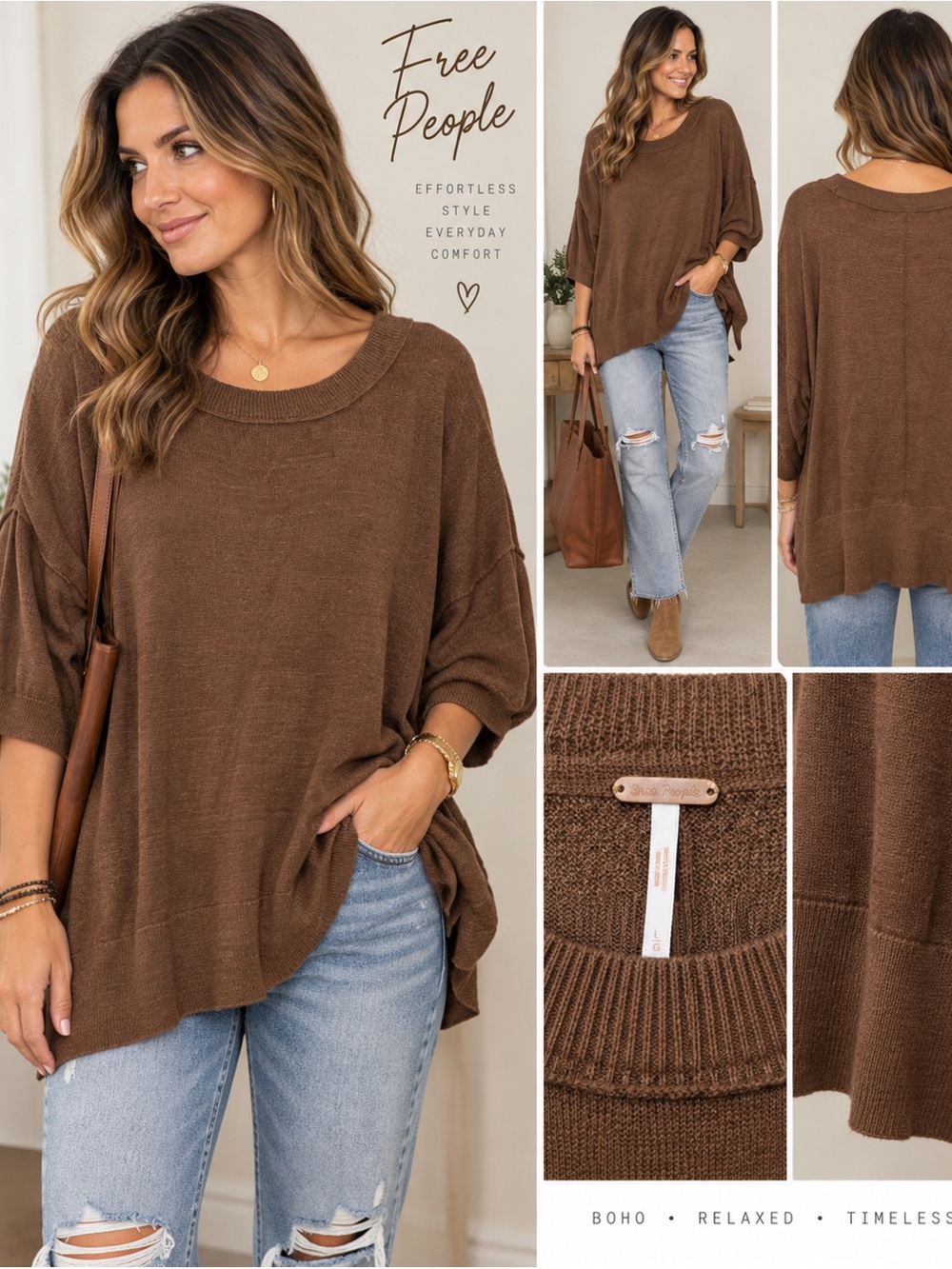Free People Brown Oversized Knit Tunic Sweater Top Size Large